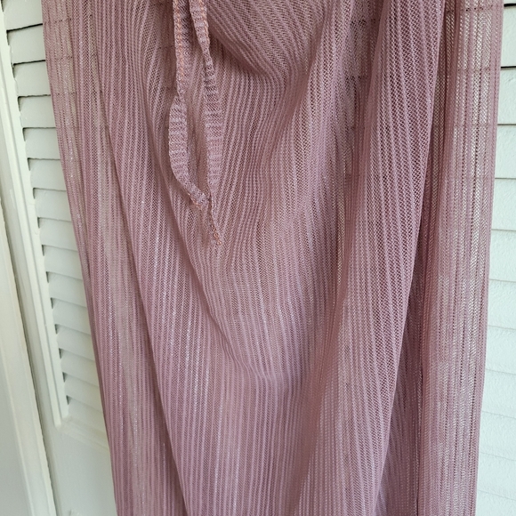 Mauve Sheer Mesh Shimmer Off Shoulder Longsleeve Cutout Front Tie Maxi Dress - Picture 3 of 5